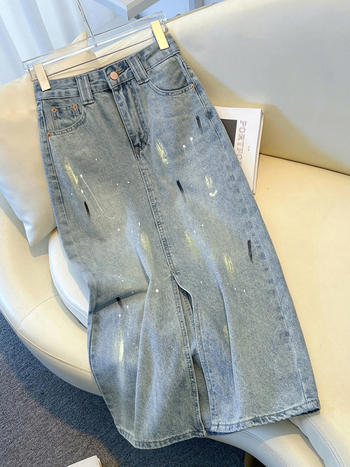 Moteriški džinsiniai A-linijos sijonas, vidutinio ilgio, vasara 2025, be elastinio