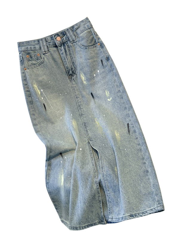 Moteriški džinsiniai A-linijos sijonas, vidutinio ilgio, vasara 2025, be elastinio