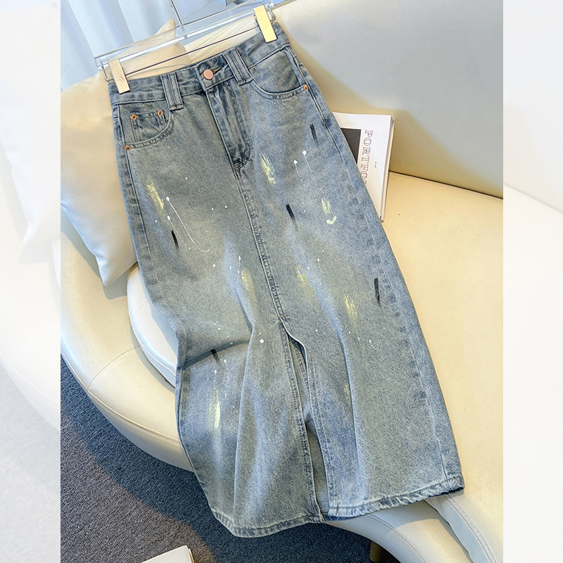 Moteriški džinsiniai A-linijos sijonas, vidutinio ilgio, vasara 2025, be elastinio