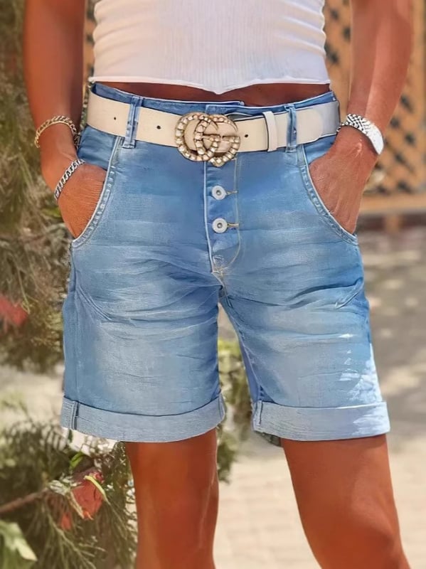 Дънкови панталони с три четвърти дължина, свободна талия, микроеластичен памук-полиестеров микс (50–70% памук, 30–50% полиестер), прав крак, копчета за закопчаване