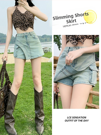 Τζιν φούστα με ψηλή μέση, εφαρμογή που σμιλεύει, κοντή γραμμή, ανάμειξη βαμβακερού-ελαστάνης, καλοκαίρι 2024