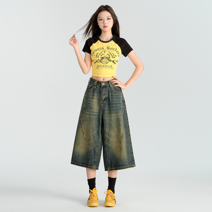 Дънки с висока талия, широки крачоли, деним памук, пролет 2025