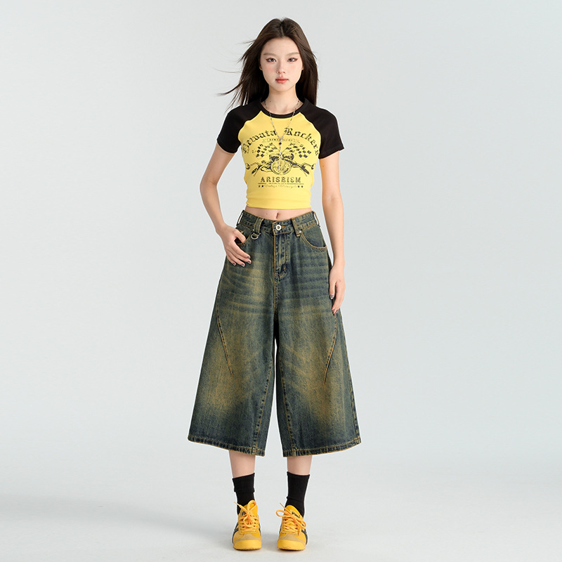 Дънки с висока талия, широки крачоли, деним памук, пролет 2025