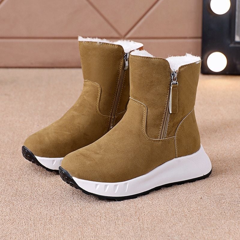 Sieviešu sniega zābaki - augsts augšējais, nubukā āda, gumijas zole, mākslīgā kažokāde iekšējā odere, rāvējslēdzējs (augsts augšējais • nubukā āda • gumijas zole • mākslīgā kažokāde • rāvējslēdzējs)