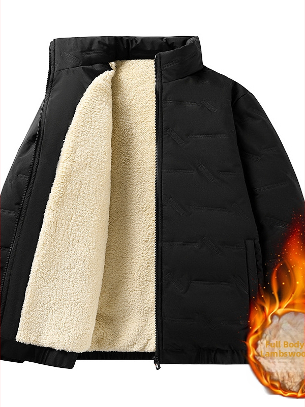 Pánske bavlnené kabát s fleecovou podšívkou, stojací golier, zips, voľný strih, hrubé na zimu