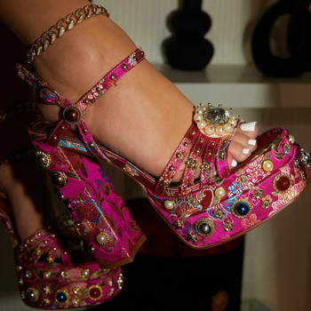 Moteriški satino platforminiai sandalai formalioms progoms, gėlių raštas, atviras pirštas, viršus: mikropluoštas, padas: PU, sagtis