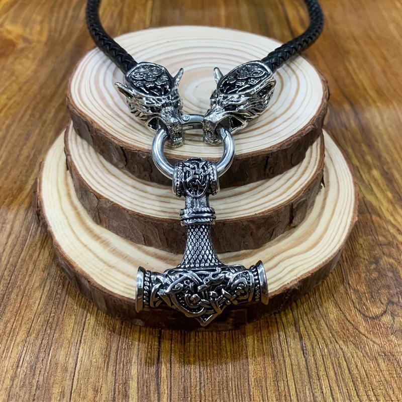 Κολιέ με κεφαλή λύκου Βίκινγκ και μοτίβο του Θορ, μενταγιόν από κράμα σε PU δερμάτινο λουράκι, περίμετρος 41-50 cm, unisex, ηλεκτροπλατινοποίηση