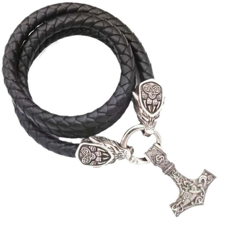 Κολιέ με κεφαλή λύκου Βίκινγκ και μοτίβο του Θορ, μενταγιόν από κράμα σε PU δερμάτινο λουράκι, περίμετρος 41-50 cm, unisex, ηλεκτροπλατινοποίηση