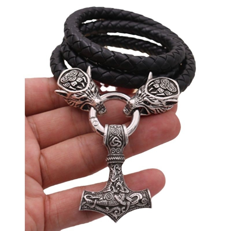 Κολιέ με κεφαλή λύκου Βίκινγκ και μοτίβο του Θορ, μενταγιόν από κράμα σε PU δερμάτινο λουράκι, περίμετρος 41-50 cm, unisex, ηλεκτροπλατινοποίηση