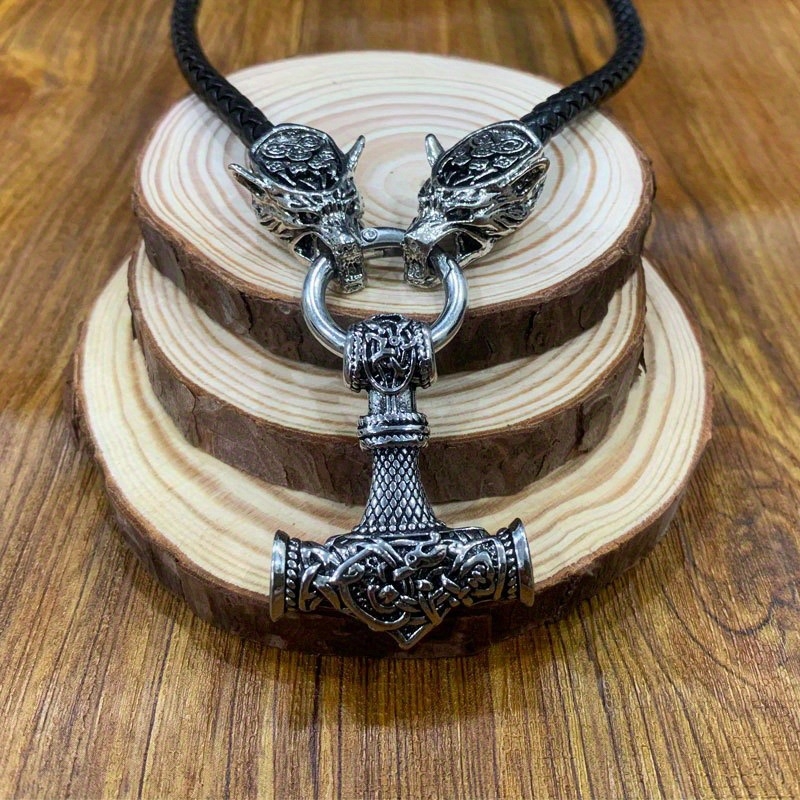 Κολιέ με κεφαλή λύκου Βίκινγκ και μοτίβο του Θορ, μενταγιόν από κράμα σε PU δερμάτινο λουράκι, περίμετρος 41-50 cm, unisex, ηλεκτροπλατινοποίηση