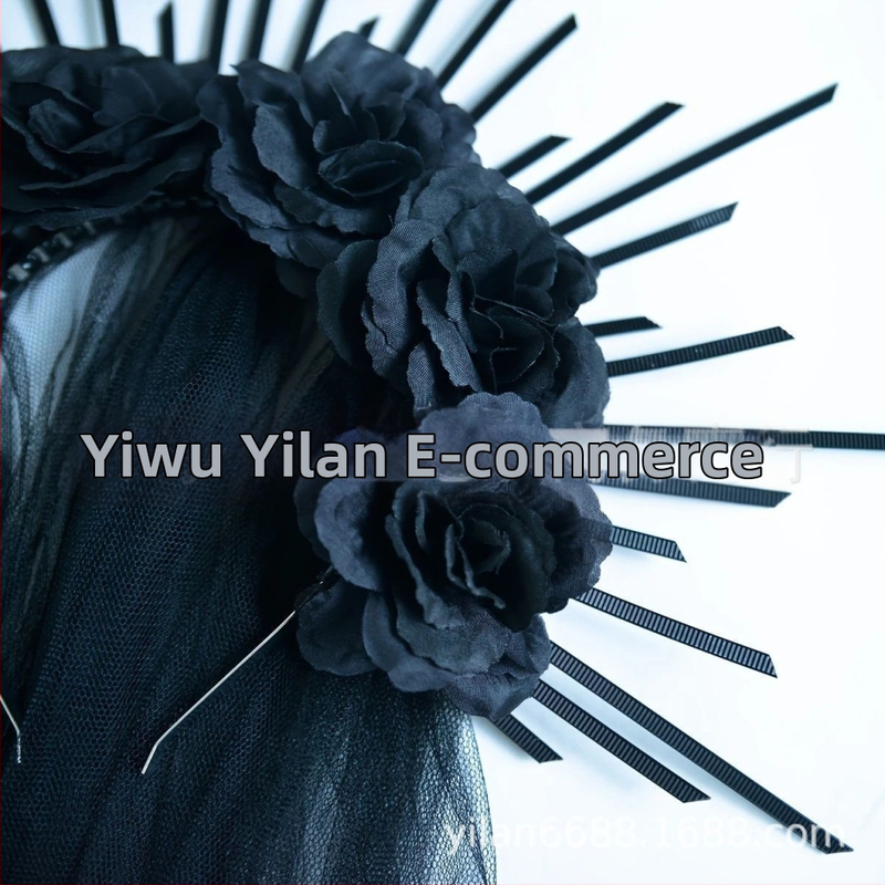 HOWAWAY Готическа корона за глава с черни рози — нейлон, ръчна изработка, литературно ретро стил, аксесоар за глава, за жени