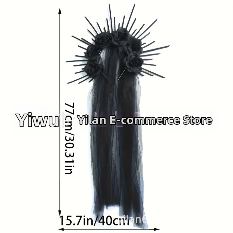 HOWAWAY Готическа корона за глава с черни рози — нейлон, ръчна изработка, литературно ретро стил, аксесоар за глава, за жени