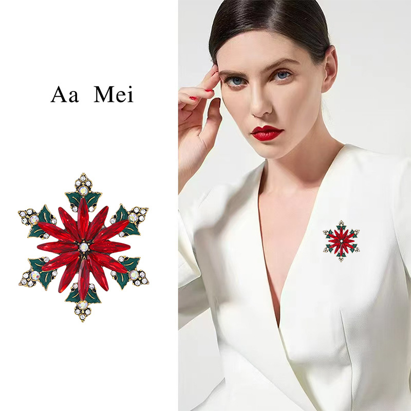 Sniego snaigės kristalų segė – vintage Europos–Amerikos Kalėdinis dizainas, cinko lydinys, įterpti kristalai, moterų mados aksesuaras