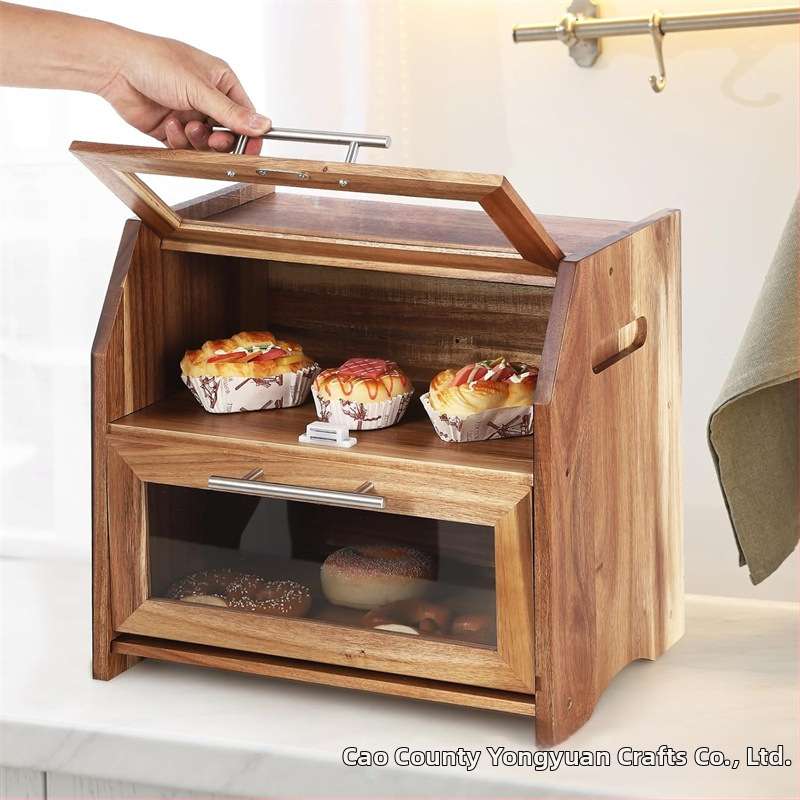 Medinė duonos dėžutė su dangteliu, dviejų lygių saugykla, masyvus medis, modernus minimalistinis stilius