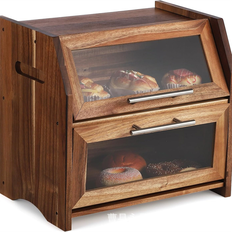 Medinė duonos dėžutė su dangteliu, dviejų lygių saugykla, masyvus medis, modernus minimalistinis stilius