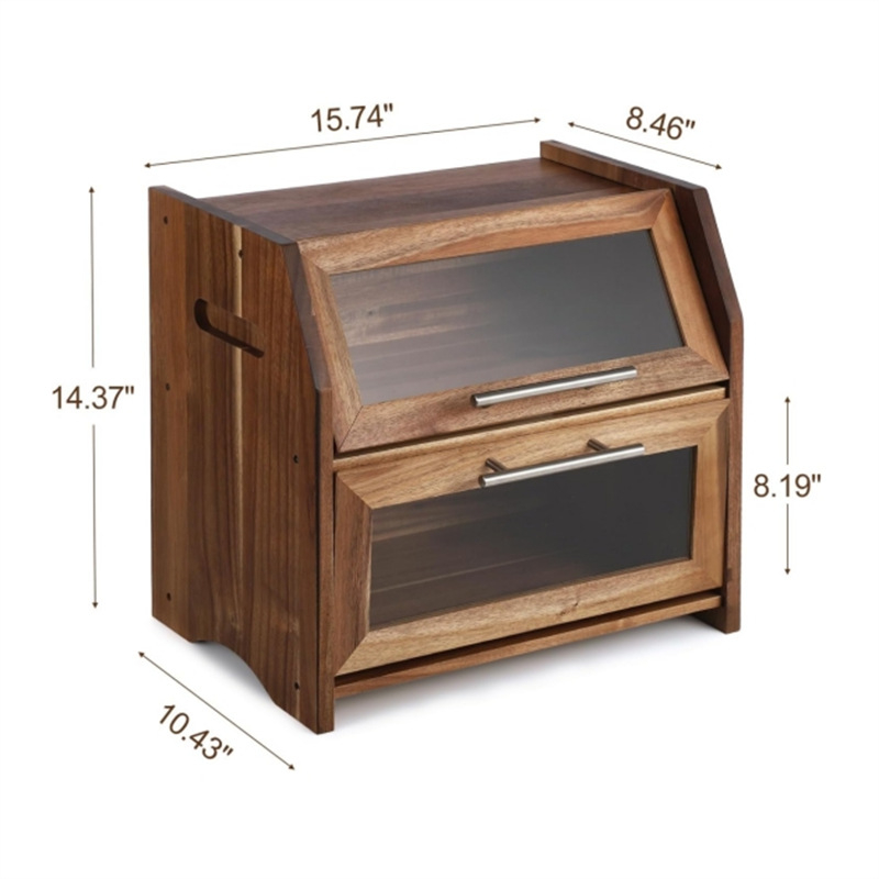 Medinė duonos dėžutė su dangteliu, dviejų lygių saugykla, masyvus medis, modernus minimalistinis stilius