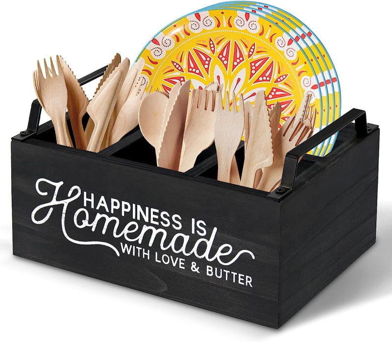 Fából készült evőeszköz-tároló doboz (természetes fa; ezüstös gravírozás; modell: Fa doboz; márka: Wohemu)