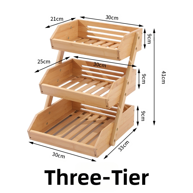 Bambusový trojposchodový kôš na ovocie s odkvapkávacím stojanom, zostavený kuchynský úložný stojan NZ317