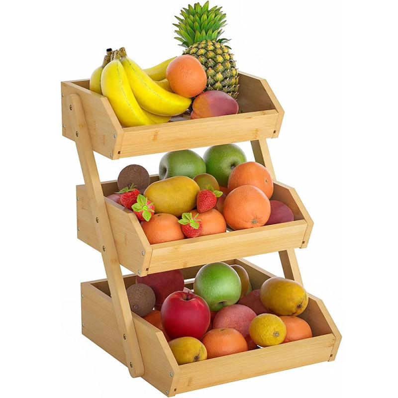 Bambusinė trilypė vaisių krepšelis su nusausinimo lenta, sulankstomas virtuvės saugojimo stovas NZ317