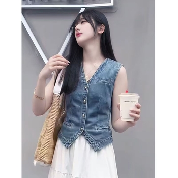 Džinsinis liemenėlis-topas su V kaklu, trumpas ilgis 40–50 cm, medvilnės-poliesterio džinsas, mygtukų uždarymas