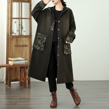 Γυναικείο τζιν μπουφάν με κουκούλα, μακρύ μήκος 80–100 εκ., φαρδιά γραμμή, patchwork σχέδιο, μείγμα πολυεστέρα-ντένιμ