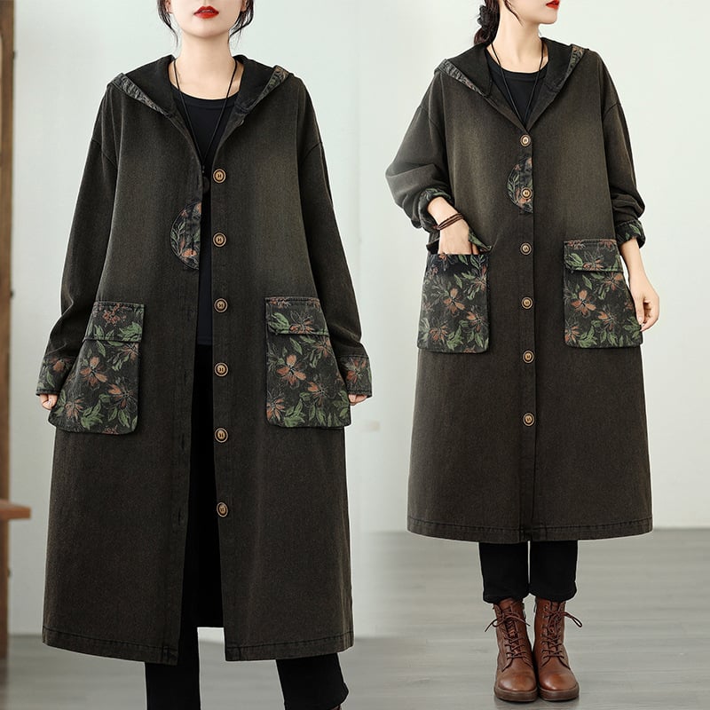 Sieviešu džinsa jaka ar kapuci, garums 80–100 cm, vaļīga piegriezuma, patchwork raksts, poliester-denim maisījums