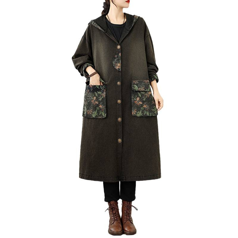 Sieviešu džinsa jaka ar kapuci, garums 80–100 cm, vaļīga piegriezuma, patchwork raksts, poliester-denim maisījums