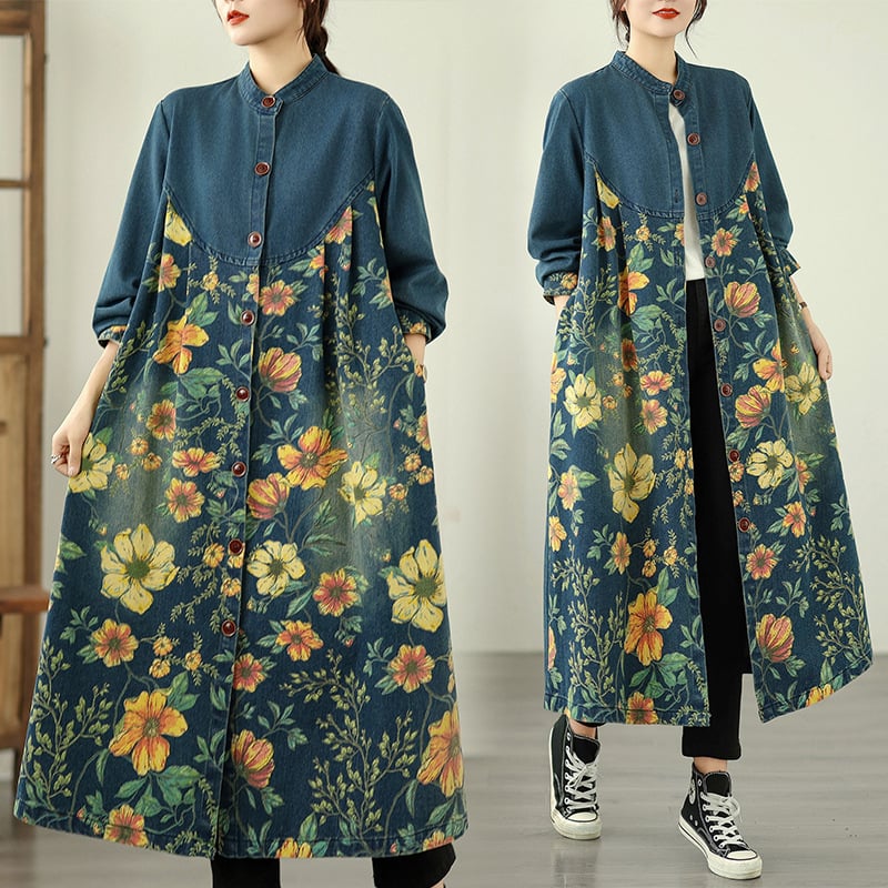 Moteriška džinsinė striukė su patchwork spauda, laisvas kirpimas, ilgas ilgis, apvalus kaklas, ilgos rankovės, poliesterio mišinio 30–50%, ruduo 2025