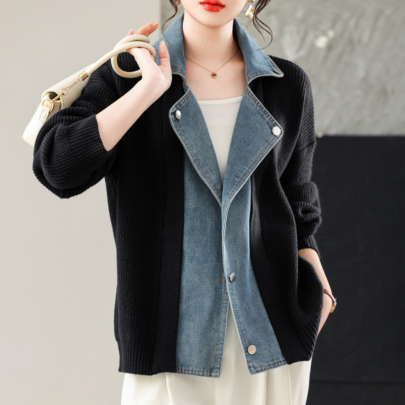 Megztas kardiganas su švarko apykakle, spalvų blokas, tvirtas mezginys, akrilas–poliesterio mišinys, ilgos rankovės, laisvas siluetas