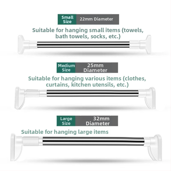 Ράβδος για ρούχα από 201 ανοξείδωτο ατσάλι, τηλεσκοπική, χωρίς διάτρηση, για μπάνιο