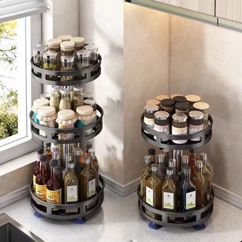 Daudzslāņu rotējošs garšvielu statīvs un virtuves uzglabāšanas plaukts darba virsmas stūrī – bez uzstādīšanas, oglekļa tērauds, mūsdienīgs minimālisma stil, 2023. gada izlaišana