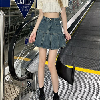 Дамска деним плисирана мини пола с висока талия, А-линия – 2025 лято, ретро стил