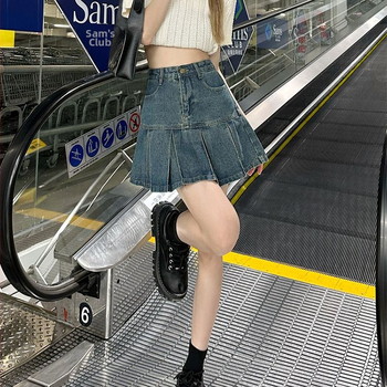 Дамска деним плисирана мини пола с висока талия, А-линия – 2025 лято, ретро стил