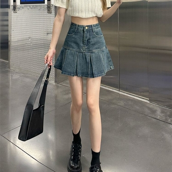 Дамска деним плисирана мини пола с висока талия, А-линия – 2025 лято, ретро стил