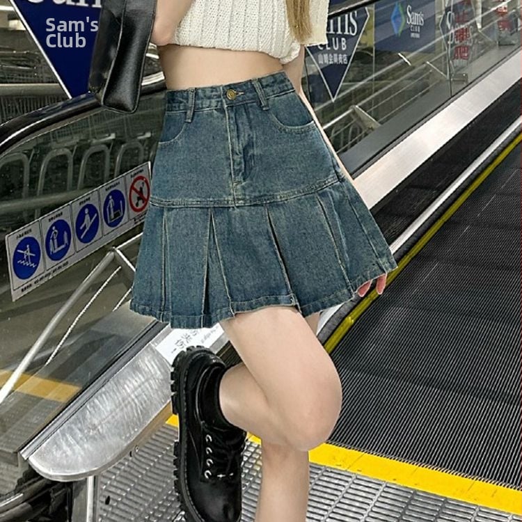 Дамска деним плисирана мини пола с висока талия, А-линия – 2025 лято, ретро стил