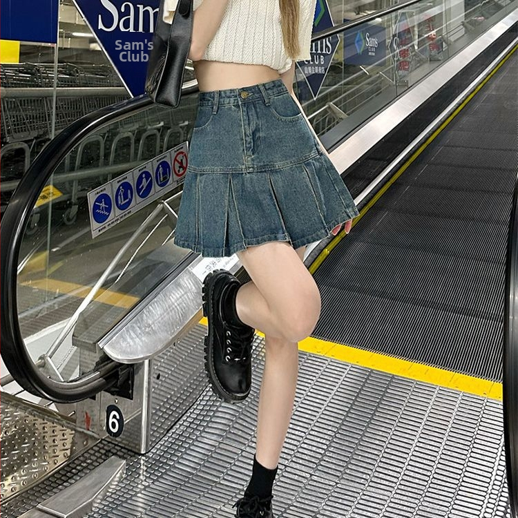 Дамска деним плисирана мини пола с висока талия, А-линия – 2025 лято, ретро стил