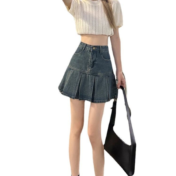 Дамска деним плисирана мини пола с висока талия, А-линия – 2025 лято, ретро стил