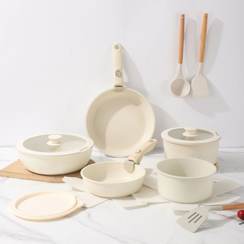 Σετ μαγειρικών σκευών με αποσπώμενο χερούλι — αντικολλητικά σκεύη από κράμα αλουμινίου με πολυεπίπεδο πάτο, περιλαμβάνει κατσαρόλα για γάλα, δύο τηγάνια, καπάκι γυάλινο με σιλικόνη, συμβατό με επαγωγή