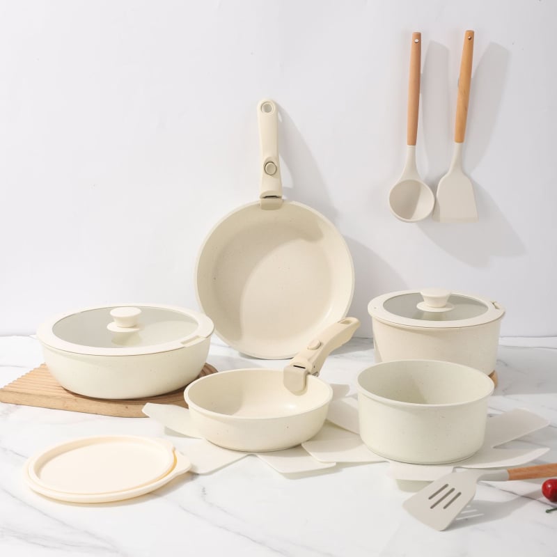 Σετ μαγειρικών σκευών με αποσπώμενο χερούλι — αντικολλητικά σκεύη από κράμα αλουμινίου με πολυεπίπεδο πάτο, περιλαμβάνει κατσαρόλα για γάλα, δύο τηγάνια, καπάκι γυάλινο με σιλικόνη, συμβατό με επαγωγή