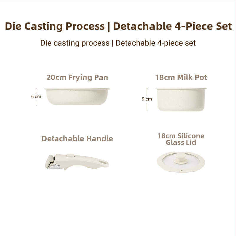 Σετ μαγειρικών σκευών με αποσπώμενο χερούλι — αντικολλητικά σκεύη από κράμα αλουμινίου με πολυεπίπεδο πάτο, περιλαμβάνει κατσαρόλα για γάλα, δύο τηγάνια, καπάκι γυάλινο με σιλικόνη, συμβατό με επαγωγή