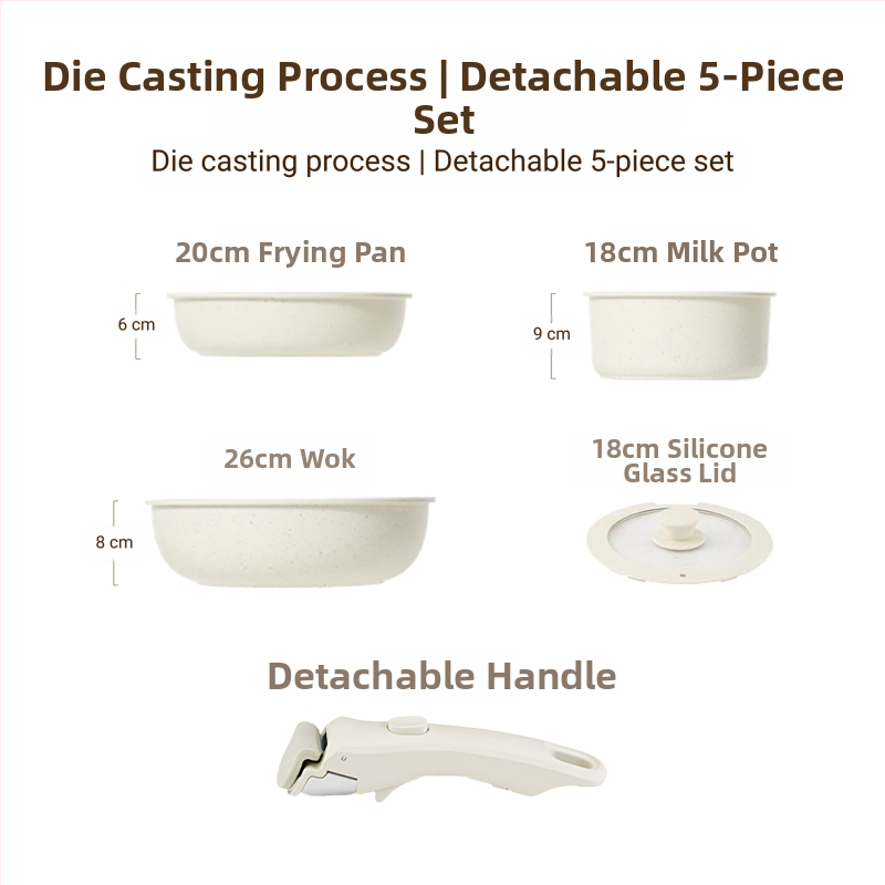 Σετ μαγειρικών σκευών με αποσπώμενο χερούλι — αντικολλητικά σκεύη από κράμα αλουμινίου με πολυεπίπεδο πάτο, περιλαμβάνει κατσαρόλα για γάλα, δύο τηγάνια, καπάκι γυάλινο με σιλικόνη, συμβατό με επαγωγή