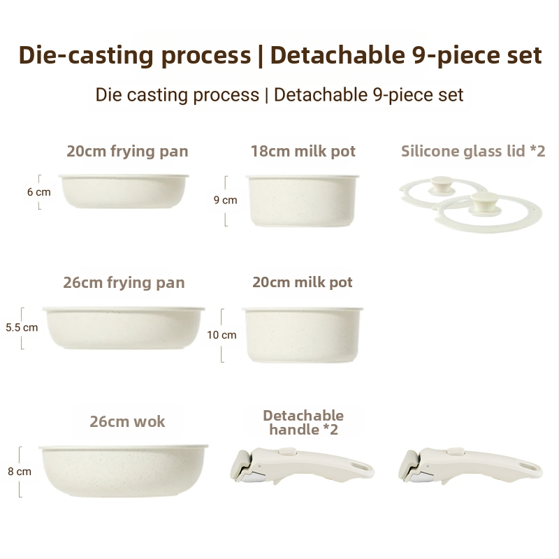 Σετ μαγειρικών σκευών με αποσπώμενο χερούλι — αντικολλητικά σκεύη από κράμα αλουμινίου με πολυεπίπεδο πάτο, περιλαμβάνει κατσαρόλα για γάλα, δύο τηγάνια, καπάκι γυάλινο με σιλικόνη, συμβατό με επαγωγή