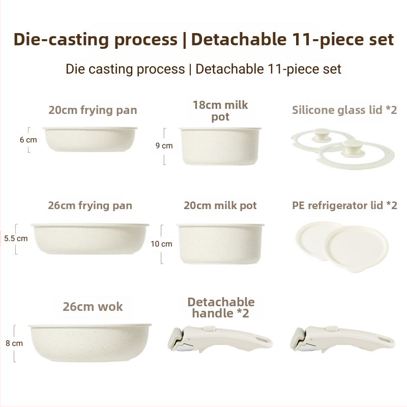 Σετ μαγειρικών σκευών με αποσπώμενο χερούλι — αντικολλητικά σκεύη από κράμα αλουμινίου με πολυεπίπεδο πάτο, περιλαμβάνει κατσαρόλα για γάλα, δύο τηγάνια, καπάκι γυάλινο με σιλικόνη, συμβατό με επαγωγή