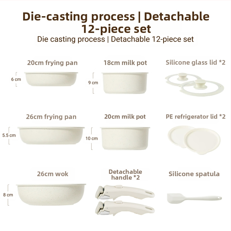 Σετ μαγειρικών σκευών με αποσπώμενο χερούλι — αντικολλητικά σκεύη από κράμα αλουμινίου με πολυεπίπεδο πάτο, περιλαμβάνει κατσαρόλα για γάλα, δύο τηγάνια, καπάκι γυάλινο με σιλικόνη, συμβατό με επαγωγή