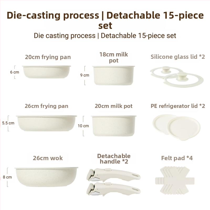 Σετ μαγειρικών σκευών με αποσπώμενο χερούλι — αντικολλητικά σκεύη από κράμα αλουμινίου με πολυεπίπεδο πάτο, περιλαμβάνει κατσαρόλα για γάλα, δύο τηγάνια, καπάκι γυάλινο με σιλικόνη, συμβατό με επαγωγή