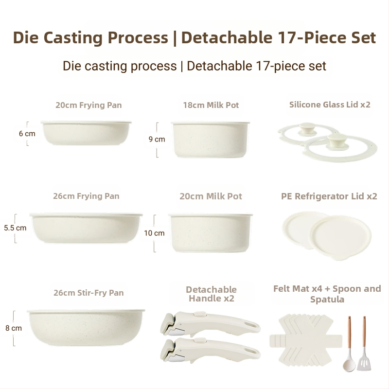 Σετ μαγειρικών σκευών με αποσπώμενο χερούλι — αντικολλητικά σκεύη από κράμα αλουμινίου με πολυεπίπεδο πάτο, περιλαμβάνει κατσαρόλα για γάλα, δύο τηγάνια, καπάκι γυάλινο με σιλικόνη, συμβατό με επαγωγή