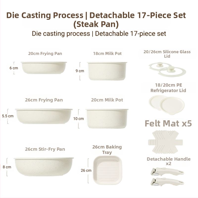 Σετ μαγειρικών σκευών με αποσπώμενο χερούλι — αντικολλητικά σκεύη από κράμα αλουμινίου με πολυεπίπεδο πάτο, περιλαμβάνει κατσαρόλα για γάλα, δύο τηγάνια, καπάκι γυάλινο με σιλικόνη, συμβατό με επαγωγή