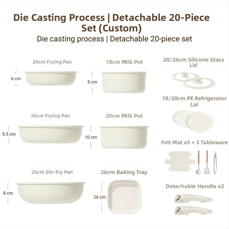 Σετ μαγειρικών σκευών με αποσπώμενο χερούλι — αντικολλητικά σκεύη από κράμα αλουμινίου με πολυεπίπεδο πάτο, περιλαμβάνει κατσαρόλα για γάλα, δύο τηγάνια, καπάκι γυάλινο με σιλικόνη, συμβατό με επαγωγή