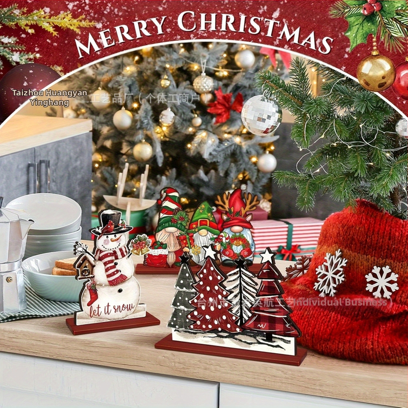 Drevený ozdobný kus na stôl – snehuliak, vianočný stromček, moderný minimalistický štýl, materiál Boxwood, číslo produktu 0077954, vhodné do domova a kancelárie