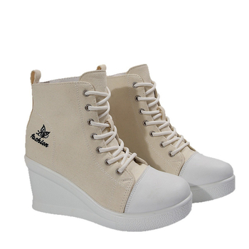 Sievietes platītas kedas ar klinveida papēdi, priekšējām auklām, augsta augšdaļa, gumijas zole, auduma virsdaļa